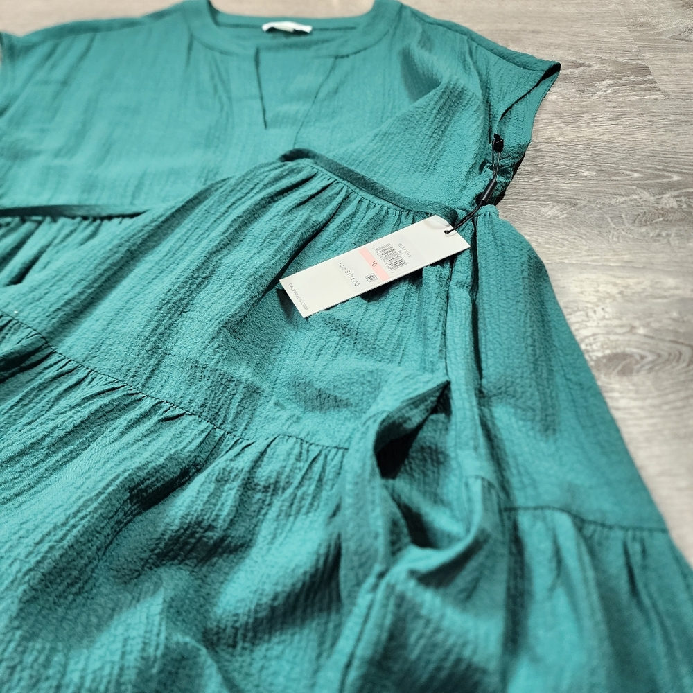 NWT CALVIN KLEIN Emerald Green Tiered Short Sleeve Midi Dress 10 - Picture 9 of 12